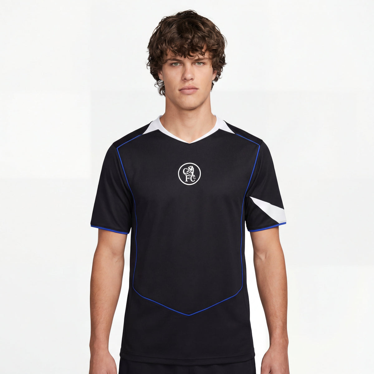 Chelsea 25/26 third black jersey with white blue accents Nike swoosh