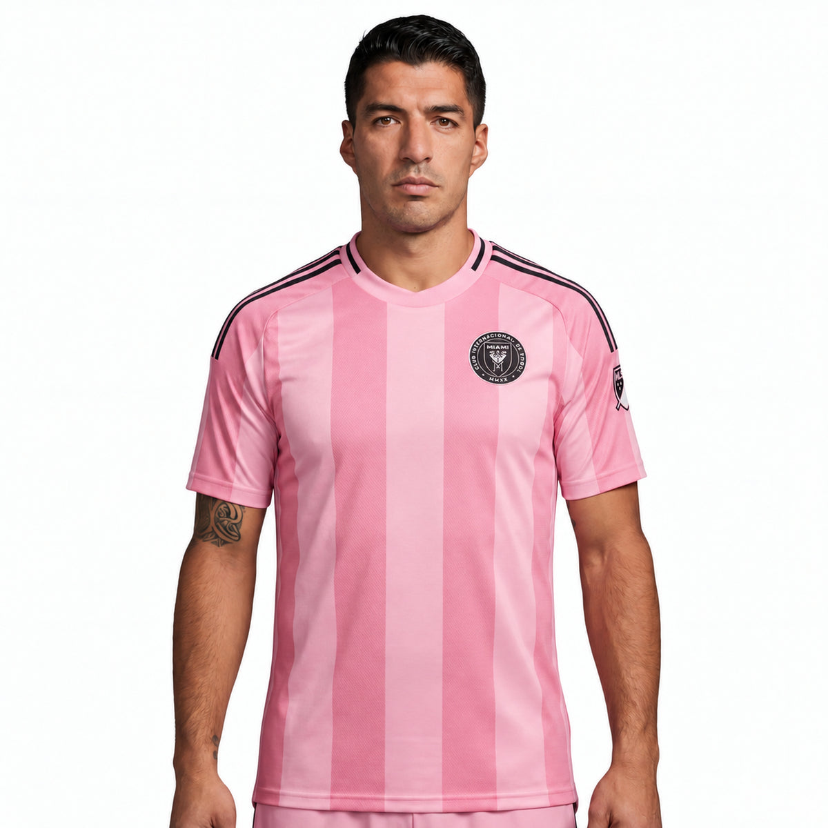 Pink striped Inter Miami 25/26 home jersey with adidas branding