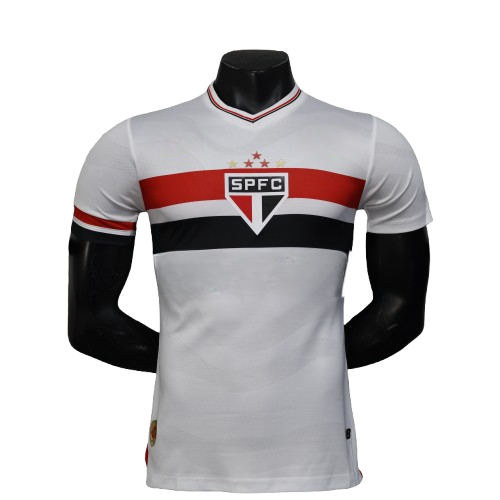 White São Paulo FC 25/26 home jersey with red black stripes and sponsors