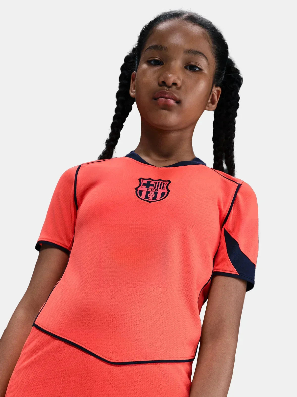 Kids Barcelona 25/26 Third coral-orange girls jersey with Spotify Nike logos