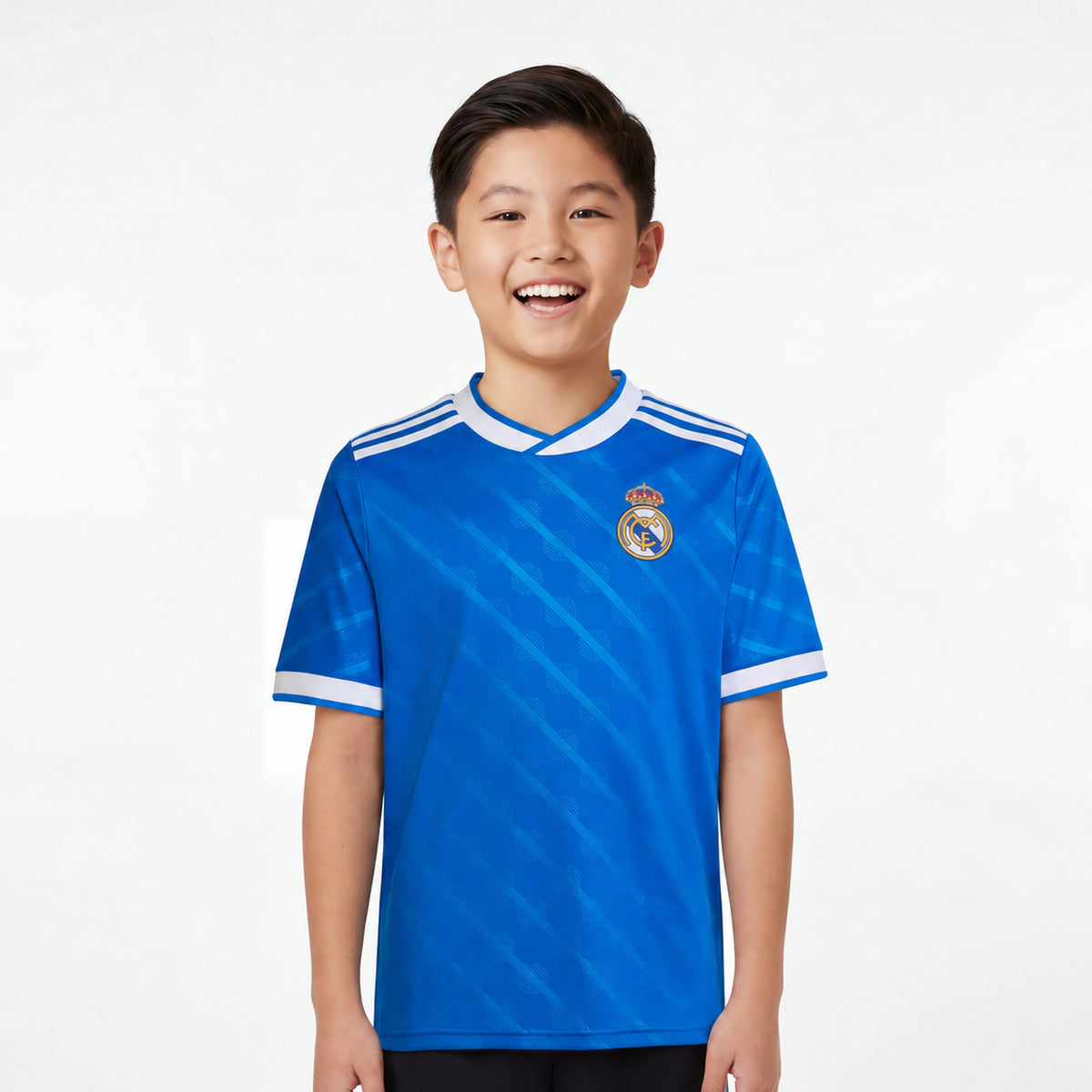 Kids Real Madrid 25/26 third blue youth jersey with adidas and emirates