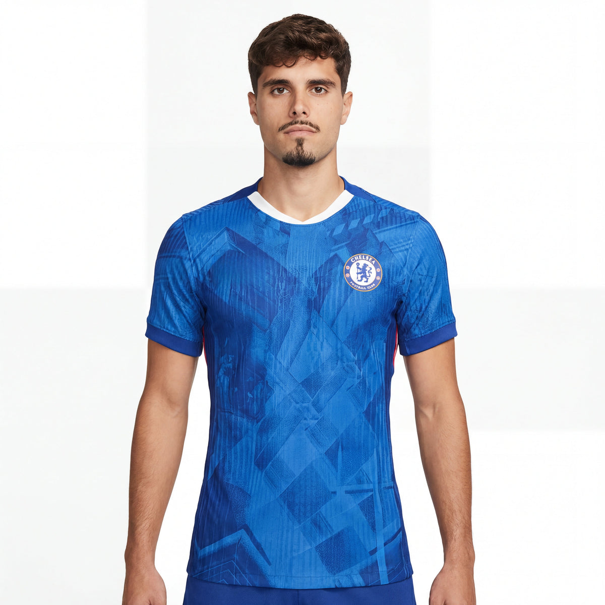 Blue Chelsea FC 25/26 home player jersey with geometric pattern