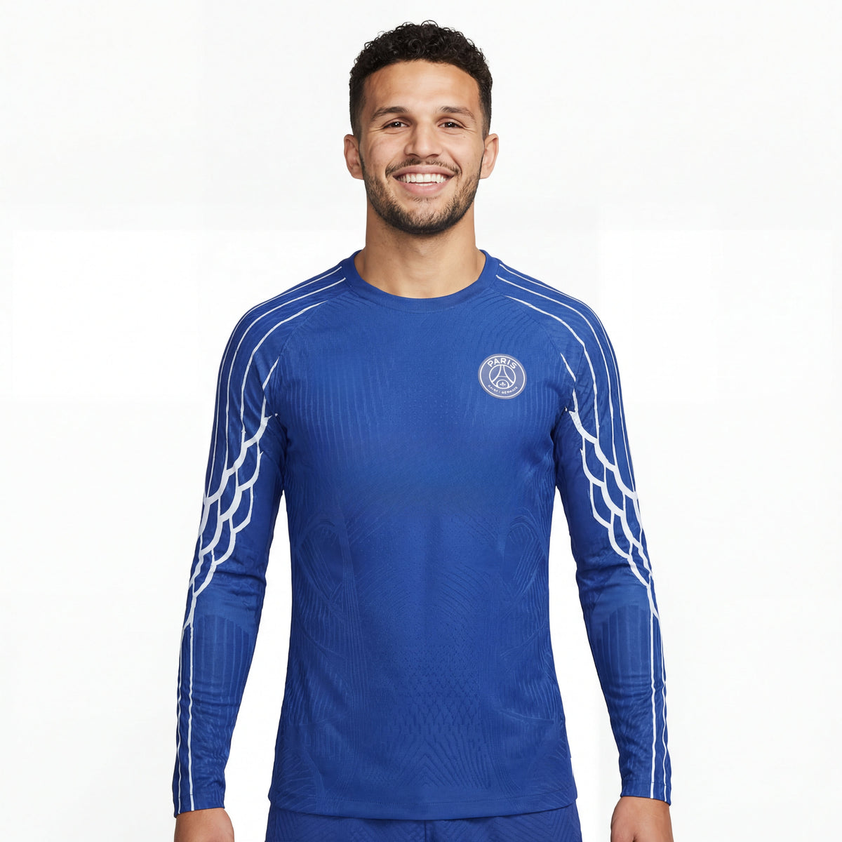 Blue PSG 25/26 4th away player training jersey with Qatar Airways logo