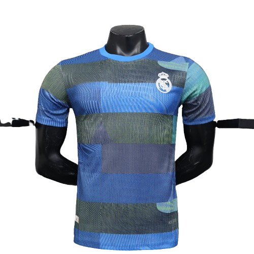 Blue green striped Real Madrid 25/26 player training jersey with Adidas
